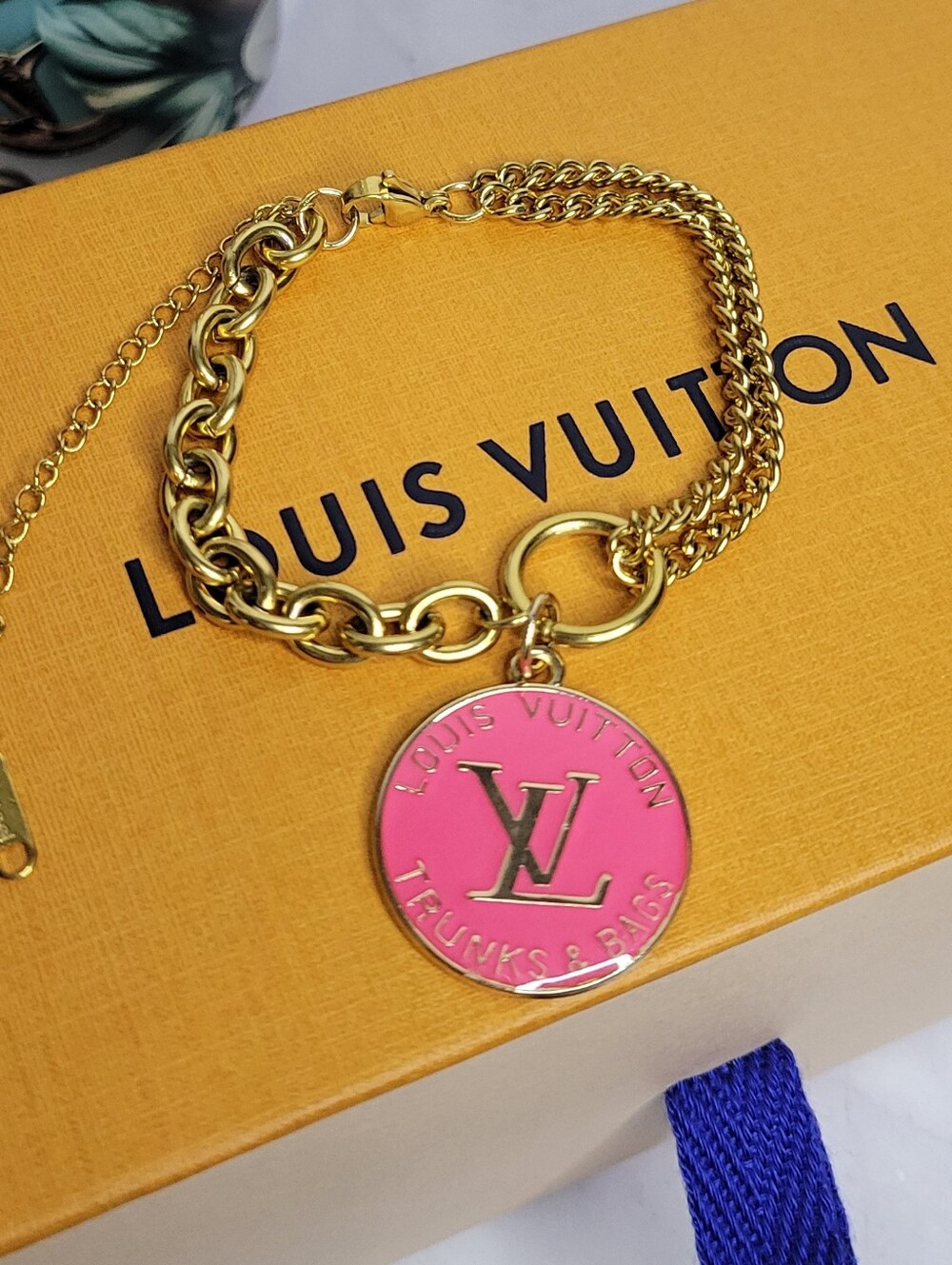 Gold Plated Bracelet, LV Trunks & Bags Disc Hot Pink